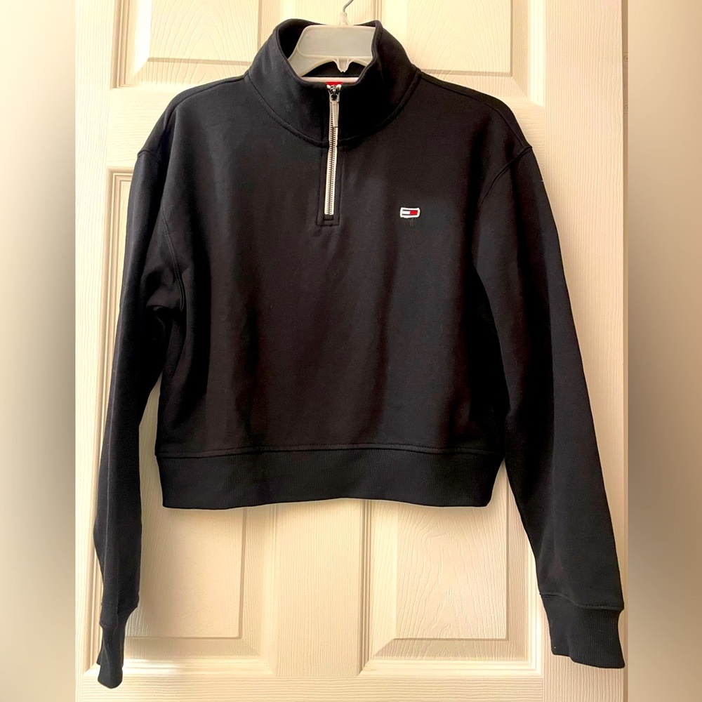Tommy Hilfiger Black Cotton Pullover Cropped Quarter Zip Sweatshirt NWT